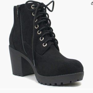 Soda Second Lug Sole Chunky Heel Combat Ankle Bootie Lace up w/Side Zipper